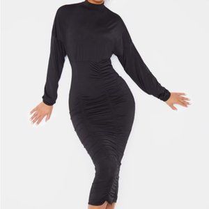 PrettyLittleThing Black Ruched Midi Dress High Neck Long Sleeve New Size 8 Sexy
